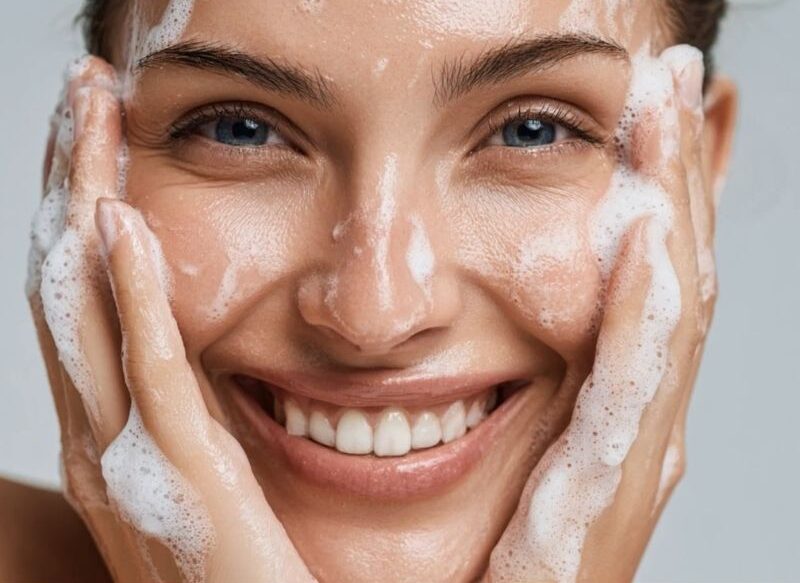 devojka čisti svoje lice sa penom za umivanje