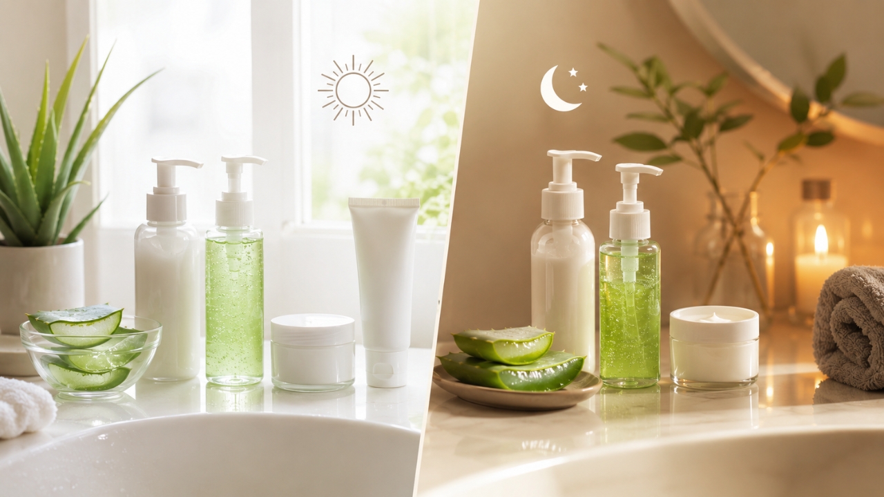Jutarnja i večernja rutina nege kože sa aloe vera gelom, kremom i SPF zaštitom